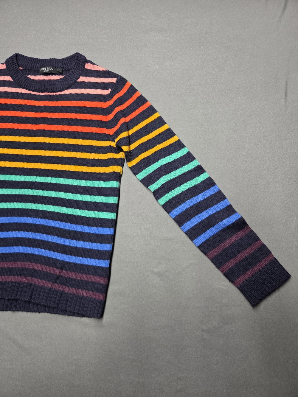Brave Soul Navy Crewneck Sweater with Rainbow Stripes